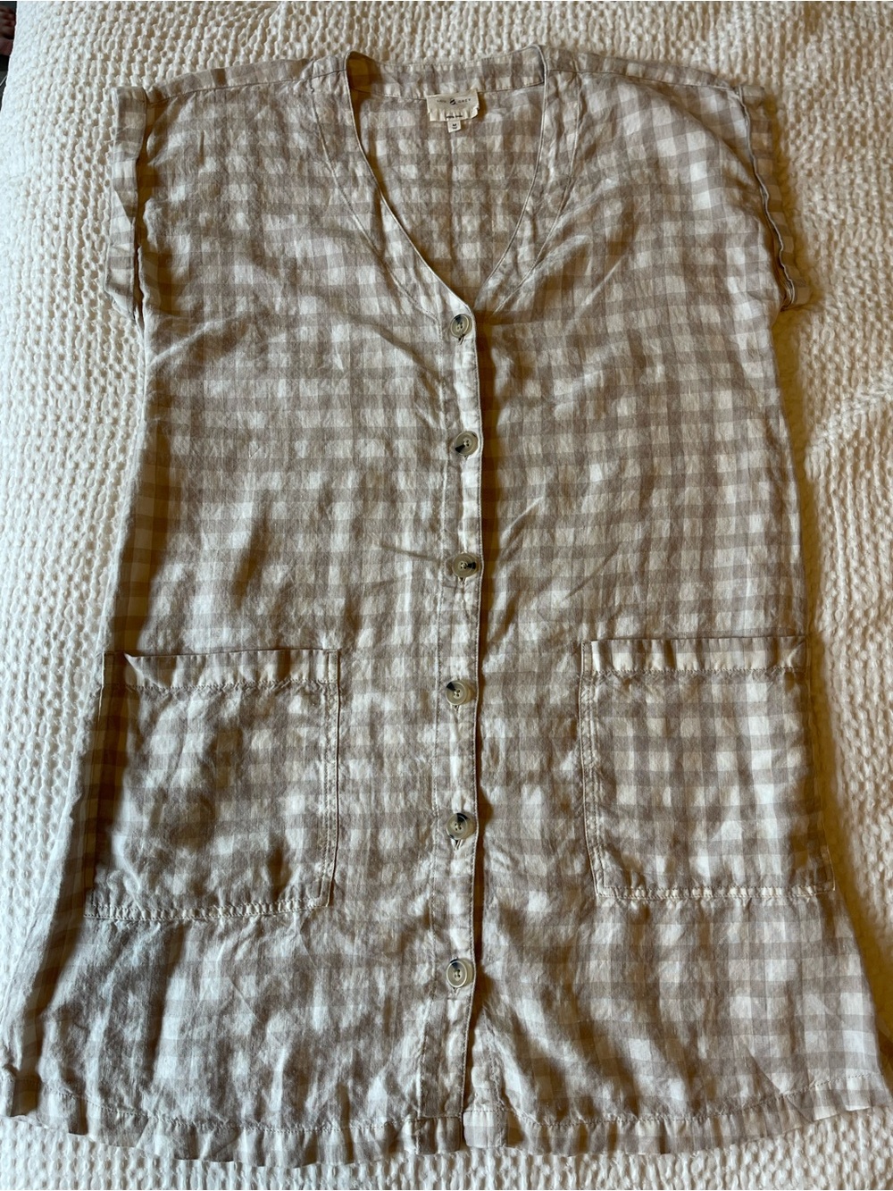 Lou & Grey Beige and White Gingham Button-Front Linen Dress